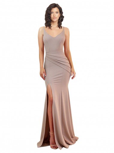 Affordable Fishtail Shape V-Neck Formal Crepe Bridesmaid Dress / Prom Dress with Slit UK