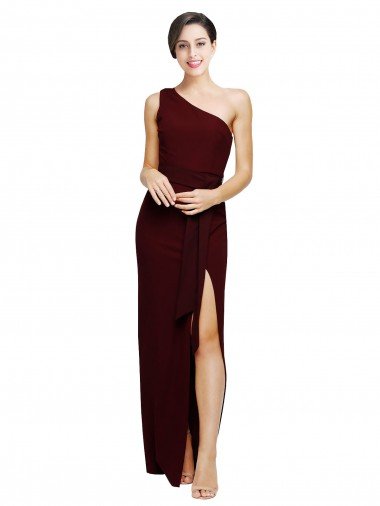 Affordable One Shoulder Sheath Formal Crepe Bridesmaid Dress / Prom Dress with High Side Split UK