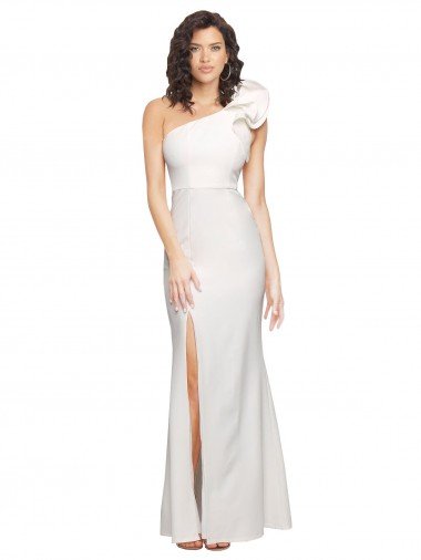 Affordable One Shoulder Long Full Length Formal Crepe Bridesmaid Dress / Prom Dress with Ruffles and Side Split UK