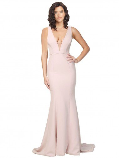 Affordable Deep Plunging V-Neckline Full Length Formal Crepe Bridesmaid Dress / Prom Dress with Deep V-Backline UK