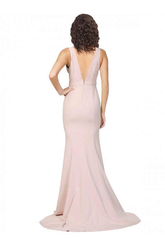 Affordable Deep Plunging V-Neckline Full Length Formal Crepe Bridesmaid Dress / Prom Dress with Deep V-Backline UK