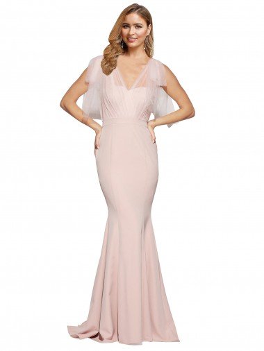 Affordable Double Bow Full Length Sweetheart Formal Crepe Bridesmaid Dress / Prom Dress with Tulle Overlay UK