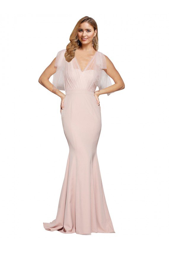 Affordable Double Bow Full Length Sweetheart Formal Crepe Bridesmaid Dress / Prom Dress with Tulle Overlay UK