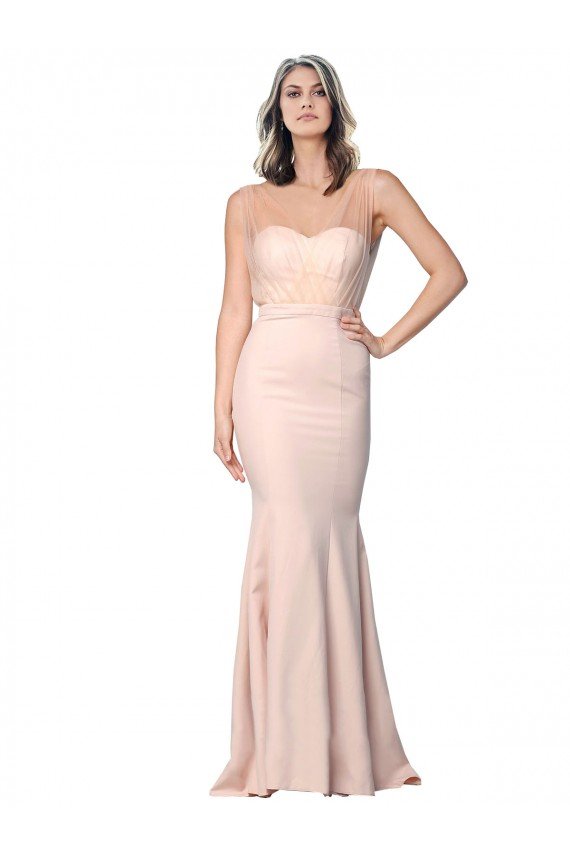 Affordable Full Length Sweetheart Formal Crepe Bridesmaid Dress / Prom Dress with Tulle Overlay UK