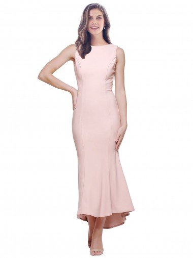 Affordable High Neck Low V-Back Cocktail Midi Length Formal Crepe Bridesmaid Dress / Prom Dress UK