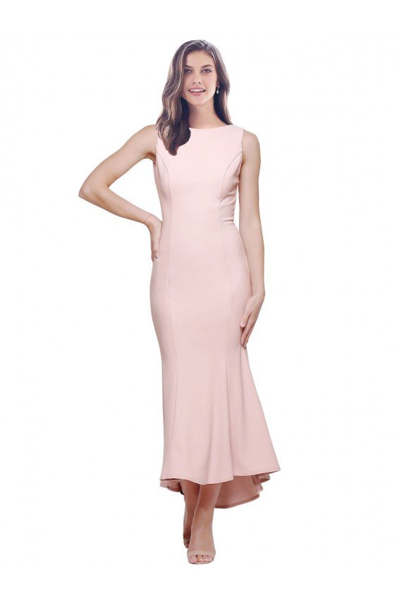 Affordable High Neck Low V-Back Cocktail Midi Length Formal Crepe Bridesmaid Dress / Prom Dress UK