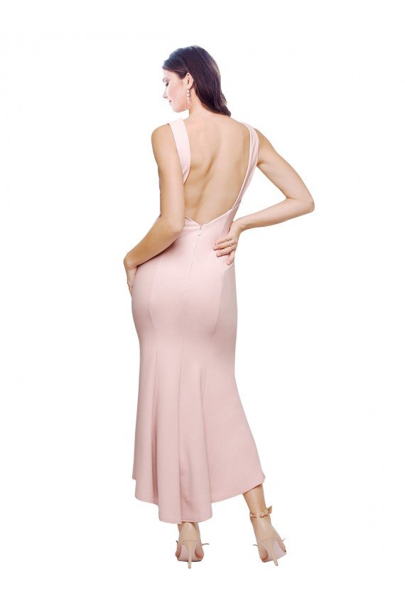 Affordable High Neck Low V-Back Cocktail Midi Length Formal Crepe Bridesmaid Dress / Prom Dress UK