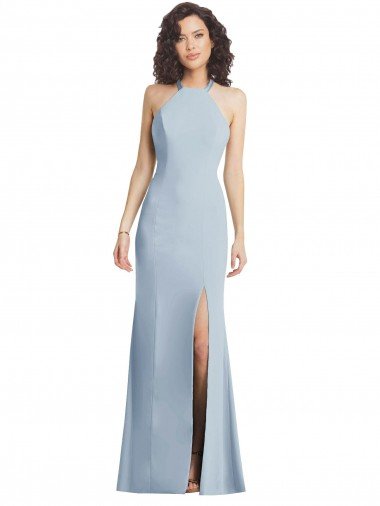 Affordable High Neck Halter Formal Crepe Bridesmaid Dress / Prom Dress with Twist Criss Cross Back UK