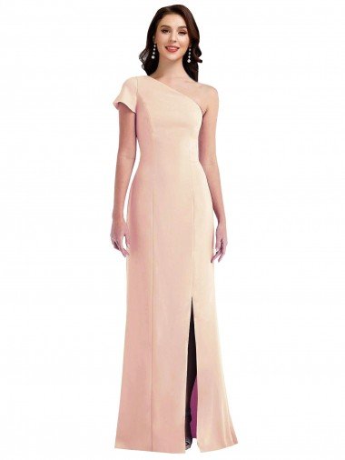 Affordable One Shoulder Cap Sleeves Trumpet Formal Crepe Bridesmaid Dress / Prom Dress with Front Slit UK