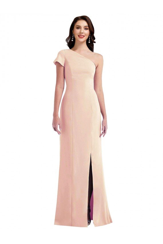 Affordable One Shoulder Cap Sleeves Trumpet Formal Crepe Bridesmaid Dress / Prom Dress with Front Slit UK