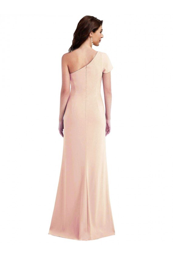 Affordable One Shoulder Cap Sleeves Trumpet Formal Crepe Bridesmaid Dress / Prom Dress with Front Slit UK