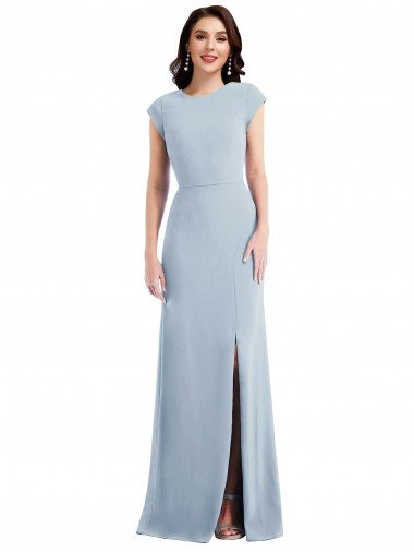 Affordable Cap Sleeve Open Back Trumpet Formal Crepe Bridesmaid Dress / Prom Dress with Front Slit UK