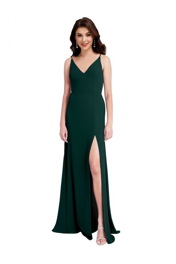 Affordable Slim A-Line V-Neck Full Length Formal Crepe Bridesmaid Dress / Prom Dress with Side Slit UK