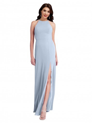 Affordable Fit and Flare High Neck Formal Crepe Bridesmaid Dress / Prom Dress with Side Slit UK