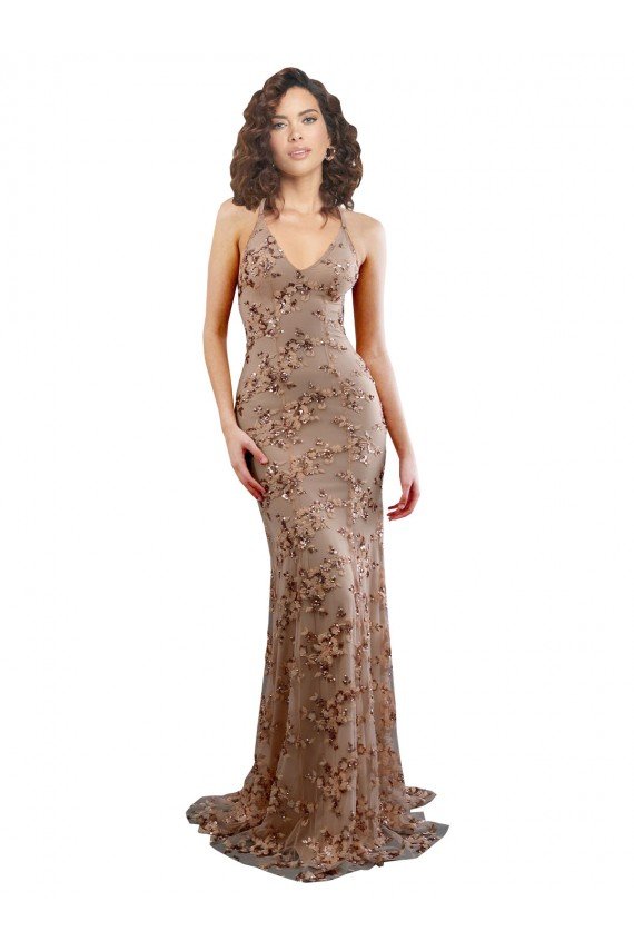 Affordable Floral Patterned Backless V-Neckline Sequin Formal Bridesmaid Dress / Prom Dress UK