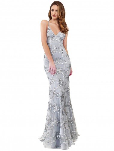 Affordable Silver V-Neckline Backless Floral Patterned Sequin Formal Bridesmaid Dress / Prom Dress UK