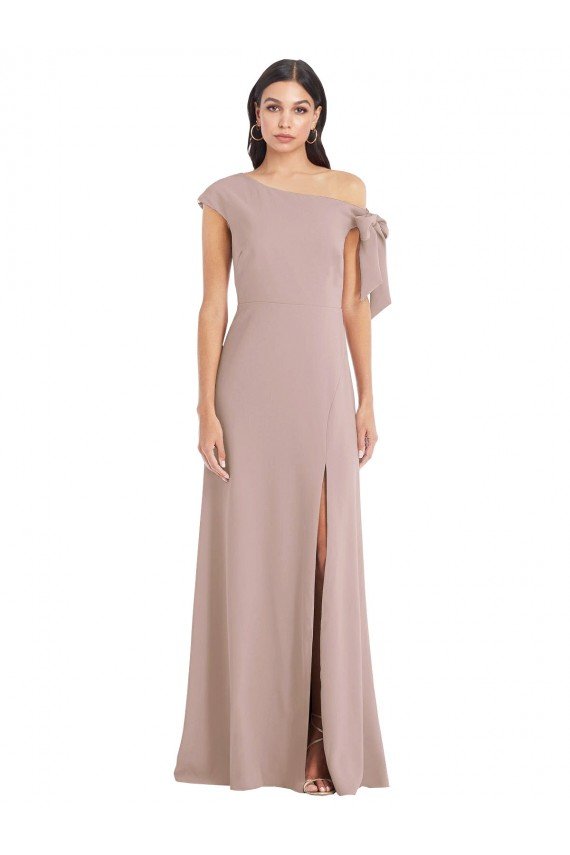 Affordable Off the Shoulder Tie Detail Maxi Formal Crepe Bridesmaid Dress / Prom Dress with Front Slit UK