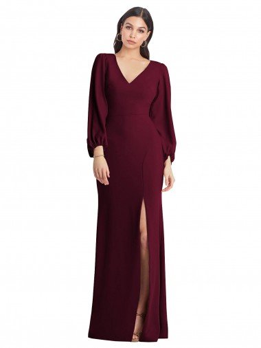 Affordable Long Puff Sleeve V-Neck Trumpet Bridesmaid Maxi Dress UK