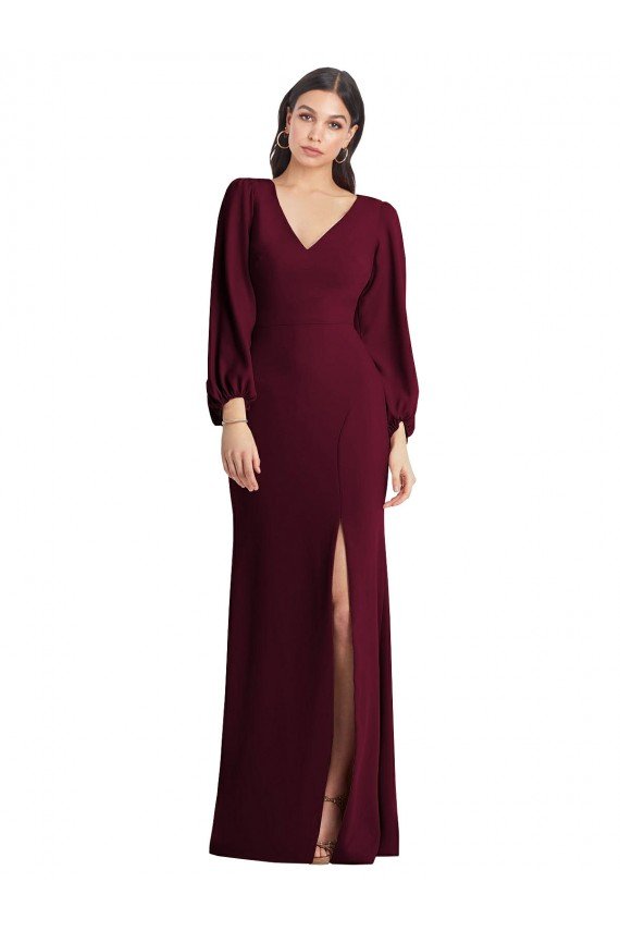 Affordable Long Puff Sleeve V-Neck Trumpet Bridesmaid Maxi Dress UK