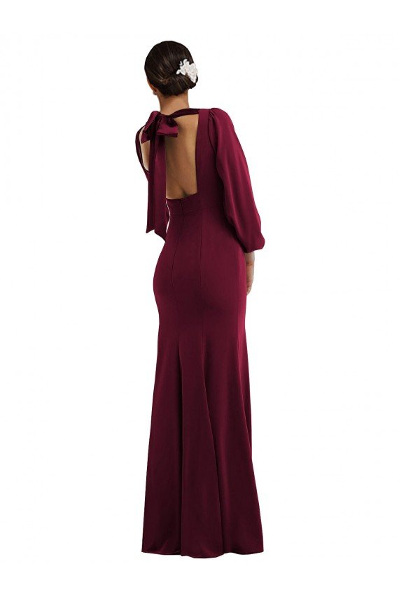 Affordable Bishop Sleeve Open Back Trumpet Formal Crepe Bridesmaid Dress / Prom Dress with Scarf Tie UK