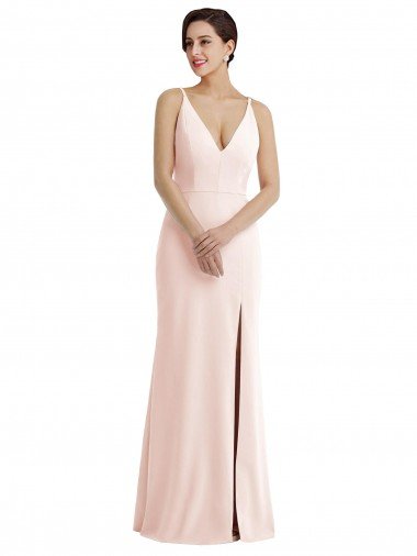 Affordable Skinny Strap Deep V-Neck Trumpet Formal Crepe Bridesmaid Dress / Prom Dress with Front Slit UK