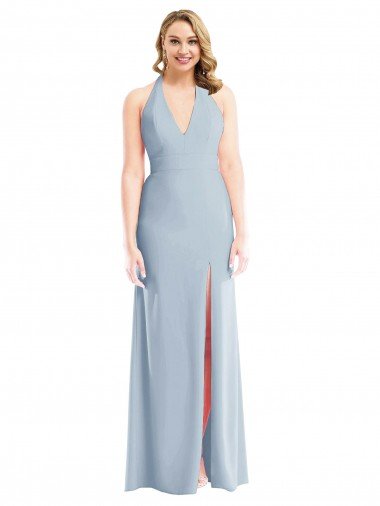 Affordable Plunge Neck Halter Backless Trumpet Bridesmaid Dress / Prom Dress with Front Slit UK