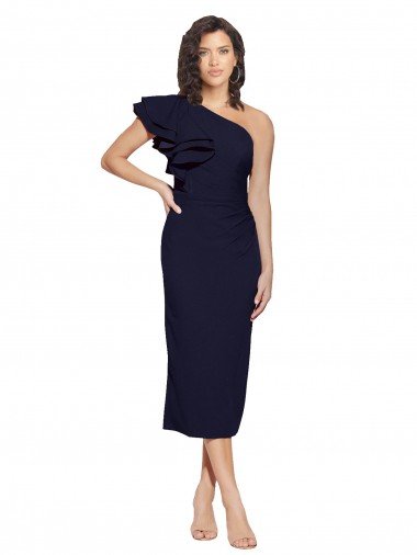 Affordable Ruched Midi Length Short Cocktail Formal Crepe Bridesmaid Dress / Prom Dress with Shoulder Ruffles UK