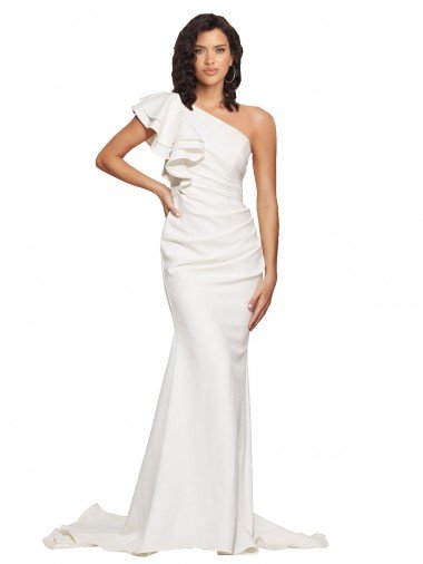 Affordable Ruched Long Sweep Train Crepe Bridesmaid Dress / Prom Dress with Shoulder Ruffles UK