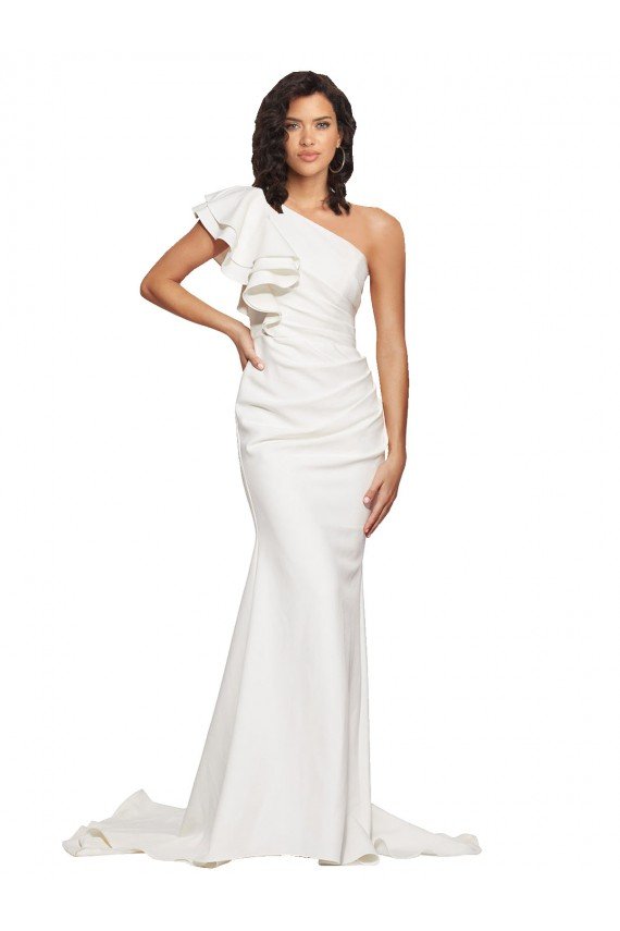 Affordable Ruched Long Sweep Train Crepe Bridesmaid Dress / Prom Dress with Shoulder Ruffles UK