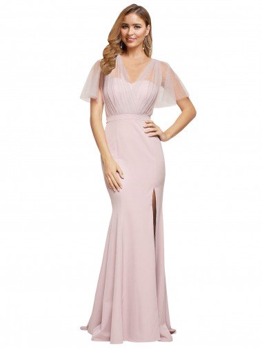 Affordable Crepe Long Sweetheart Neckline Formal Bridesmaid Dress / Prom Dress with Tulle Overlay Shoulders UK