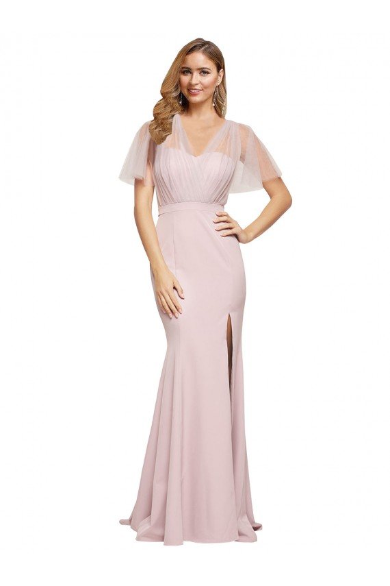 Affordable Crepe Long Sweetheart Neckline Formal Bridesmaid Dress / Prom Dress with Tulle Overlay Shoulders UK