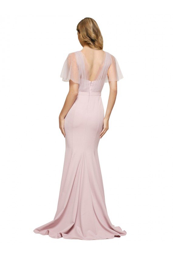 Affordable Crepe Long Sweetheart Neckline Formal Bridesmaid Dress / Prom Dress with Tulle Overlay Shoulders UK