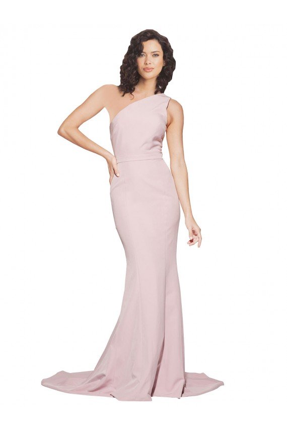 Affordable Long Sweep Train One Shoulder Crepe Bridesmaid Dress / Prom Dress with Side Leg Split UK