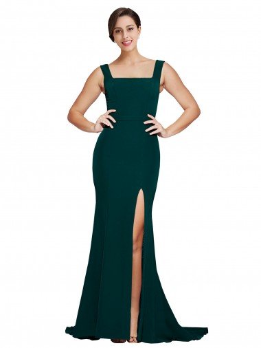 Affordable Fitted Square Neck Long Crepe Bridesmaid Dress / Prom Dress with Train and Side Split UK