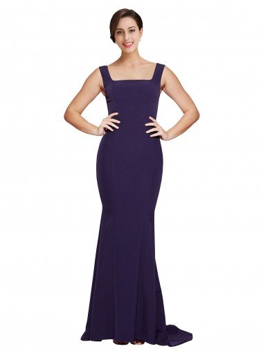 Affordable Square Neck Long Sweep Train Crepe Bridesmaid Dress / Prom Dress with Thick Straps UK