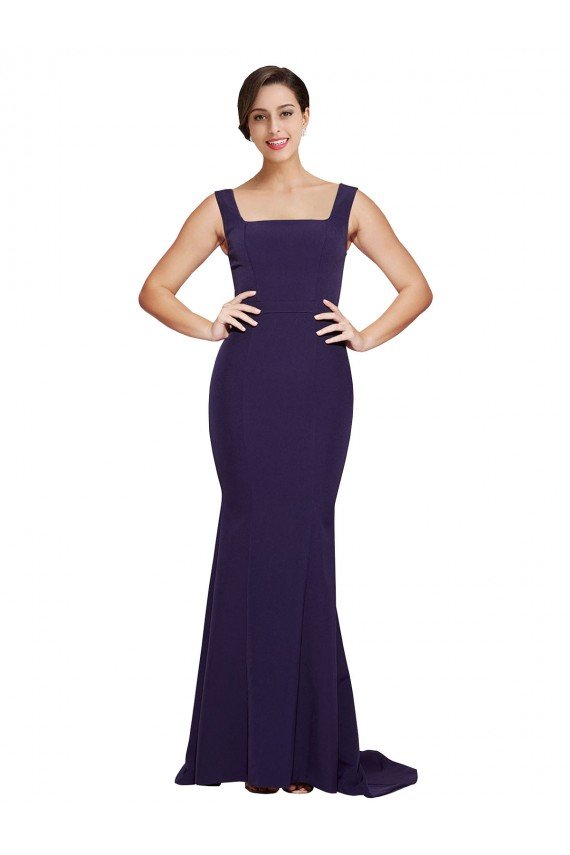 Affordable Square Neck Long Sweep Train Crepe Bridesmaid Dress / Prom Dress with Thick Straps UK