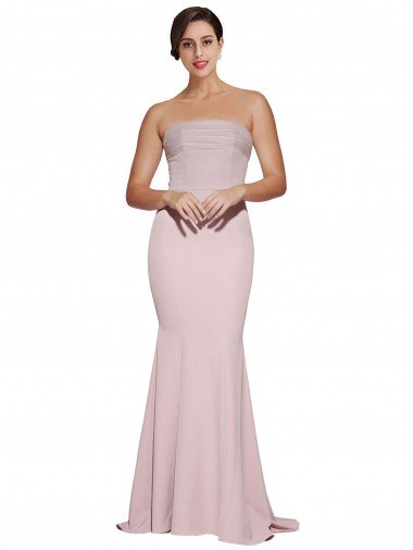 Affordable Straight Neck Long Strapless Formal Crepe Bridesmaid Dress / Prom Dress with Soft Tulle Overlay and Small Train UK