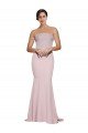 Affordable Straight Neck Long Strapless Formal Crepe Bridesmaid Dress / Prom Dress with Soft Tulle Overlay and Small Train UK