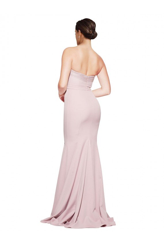 Affordable Straight Neck Long Strapless Formal Crepe Bridesmaid Dress / Prom Dress with Soft Tulle Overlay and Small Train UK