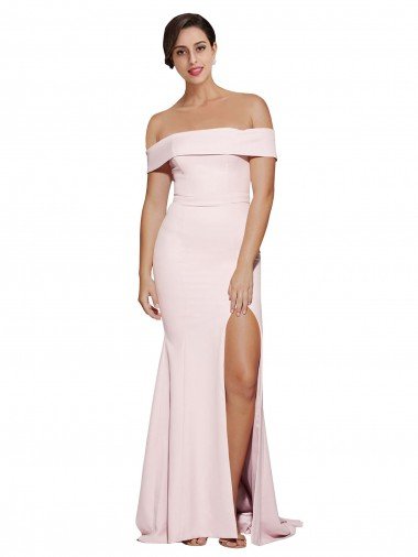 Affordable Off Shoulder Long Formal Crepe Bridesmaid Dress / Prom Dress with Straight Neckline and Side Split UK