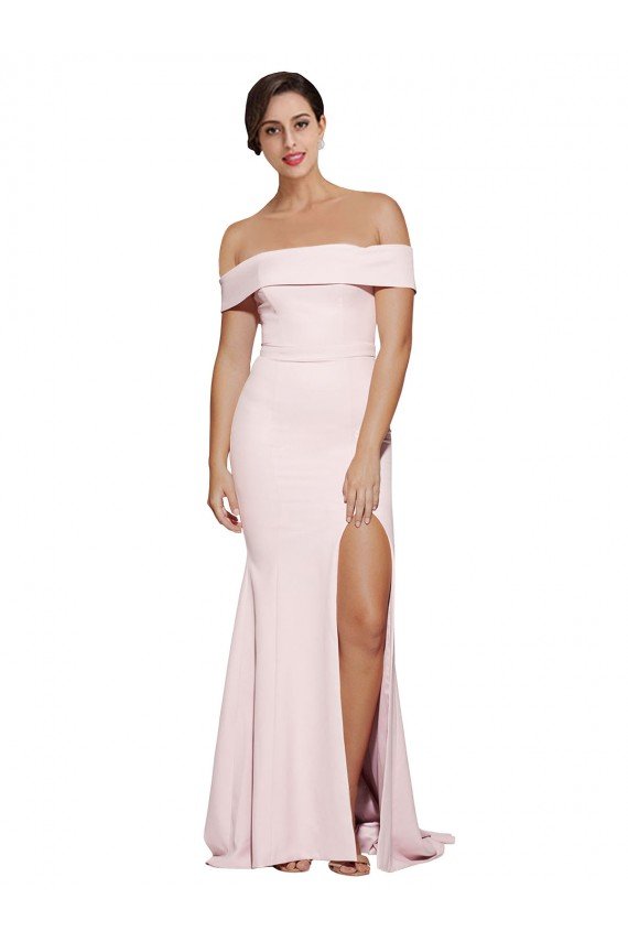 Affordable Off Shoulder Long Formal Crepe Bridesmaid Dress / Prom Dress with Straight Neckline and Side Split UK