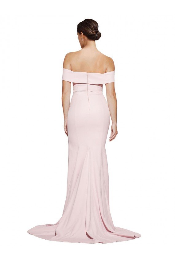 Affordable Off Shoulder Long Formal Crepe Bridesmaid Dress / Prom Dress with Straight Neckline and Side Split UK