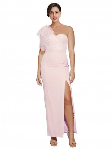 Affordable One Shoulder Tulle Overlay Sweetheart Neckline Long Formal Crepe Bridesmaid Drss with Thigh Split UK