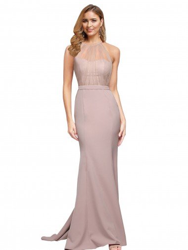 Affordable Long Sweetheart Formal Crepe Bridesmaid Dress / Prom Dress with High Neck Illusion Tulle Details UK