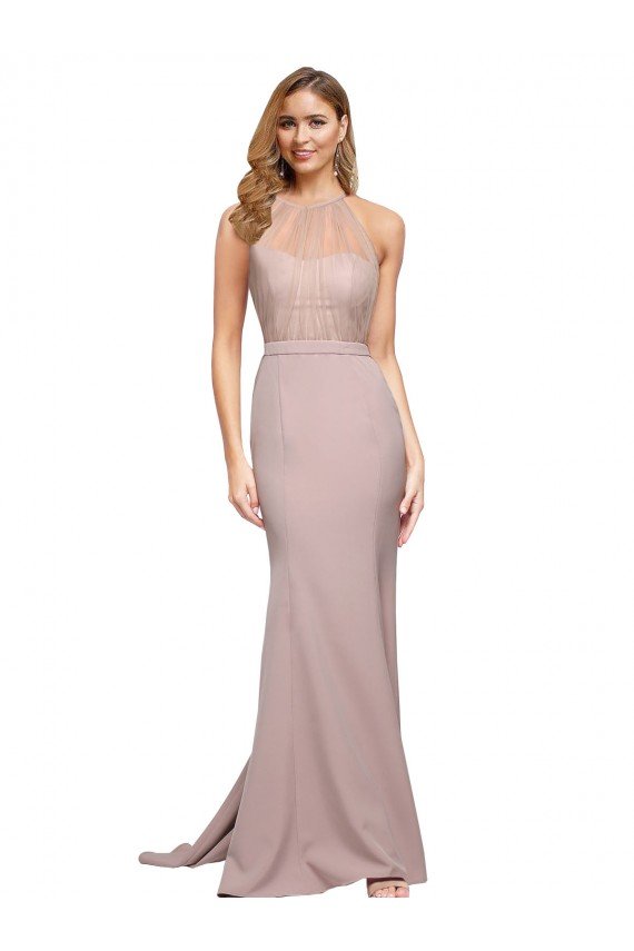 Affordable Long Sweetheart Formal Crepe Bridesmaid Dress / Prom Dress with High Neck Illusion Tulle Details UK