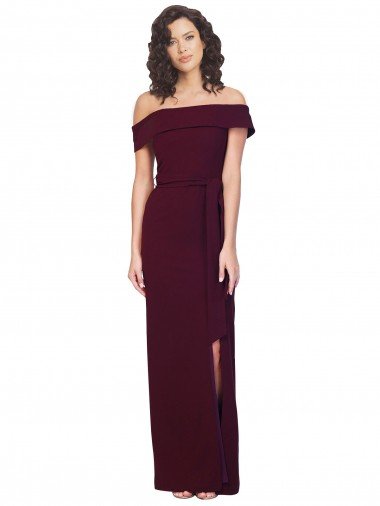 Affordable Fitted Full Length Off the Shoulder Formal Crepe Bridesmaid Dress / Prom Dress with Side Split and Waist Tie UK