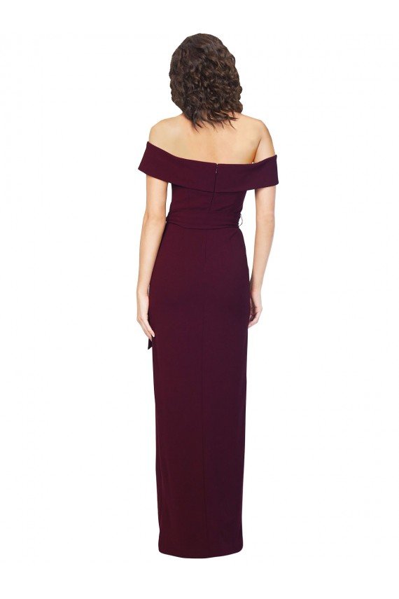 Affordable Fitted Full Length Off the Shoulder Formal Crepe Bridesmaid Dress / Prom Dress with Side Split and Waist Tie UK