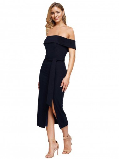 Affordable Fitted Short Cocktail Midi Length Off the Shoulder Formal Crepe Bridesmaid Dress / Prom Dress with Side Split and Waist Tie UK