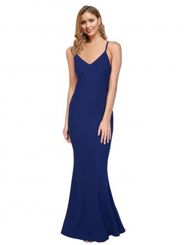 Affordable Full Length V-Neckline Formal Crepe Bridesmaid Dress / Prom Dress with Thin Straps and Fulted Skirt UK