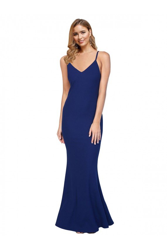 Affordable Full Length V-Neckline Formal Crepe Bridesmaid Dress / Prom Dress with Thin Straps and Fulted Skirt UK